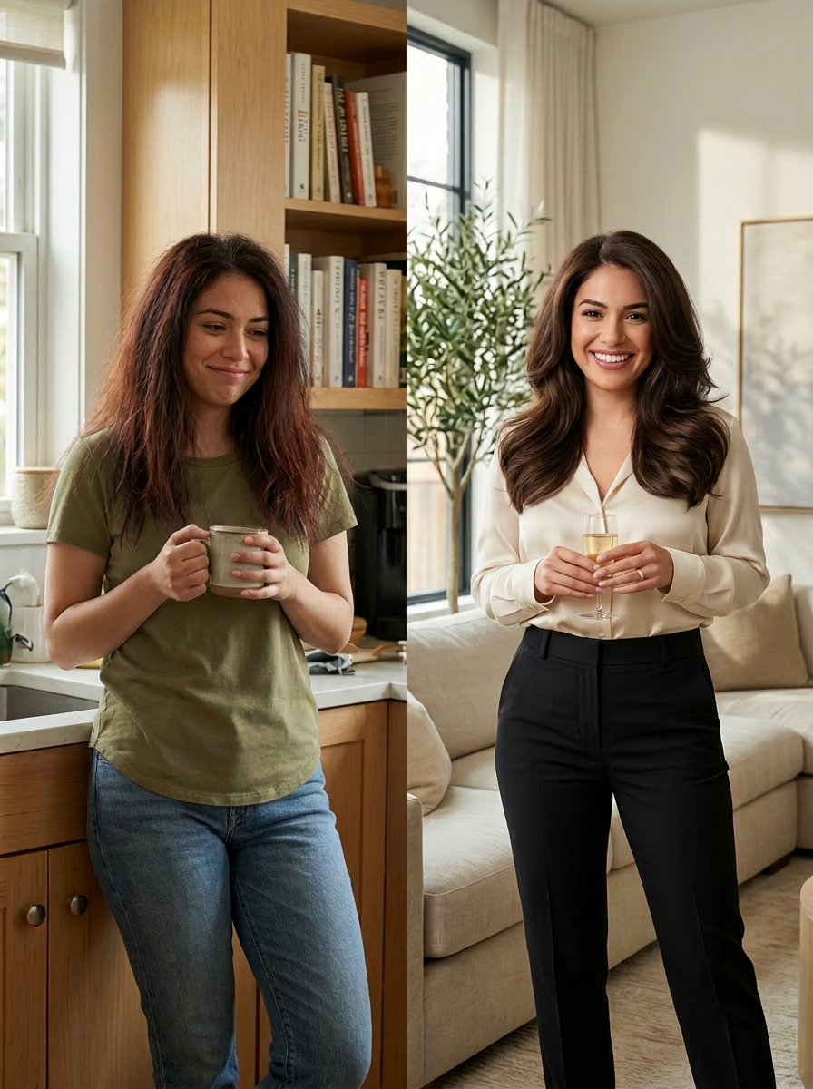 Before and after professional hair and makeup transformation