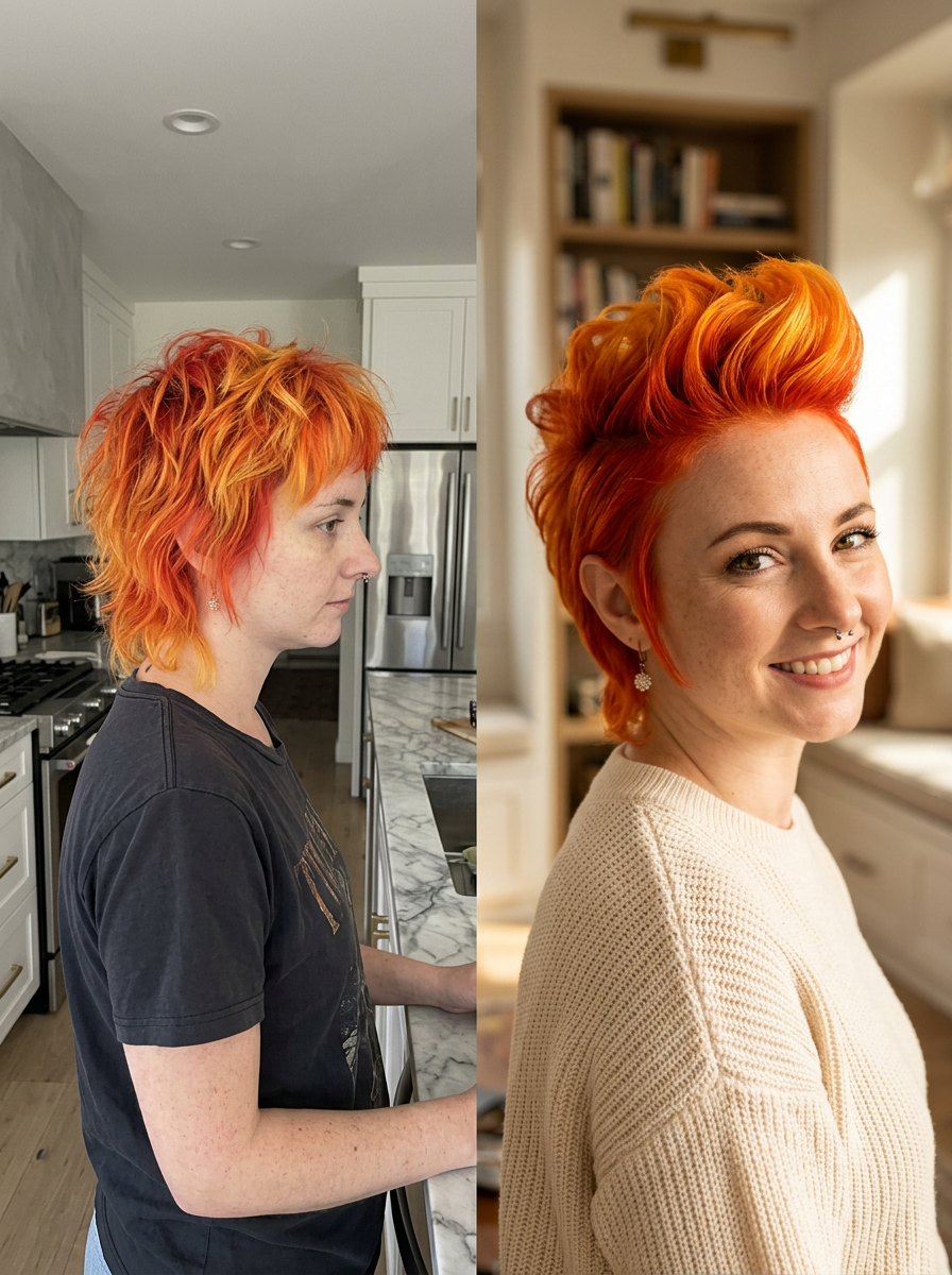 Client hair styling and makeup transformation comparison